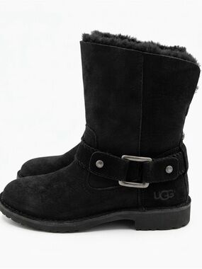 UGG Kids Black Suede Short Buckle Boots